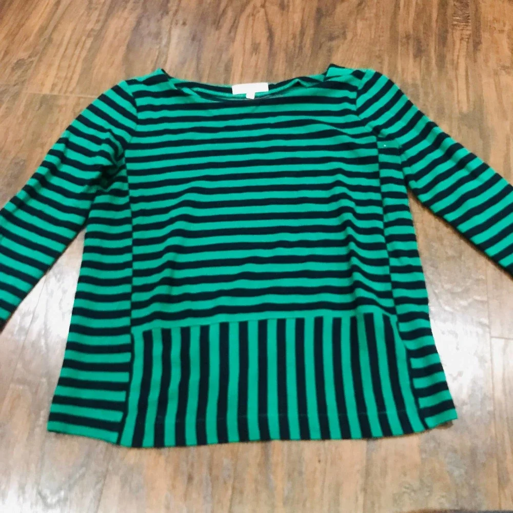 Madewell size extra small XS green and black striped 3/4 pointe knit peplum top - Picture 2 of 5